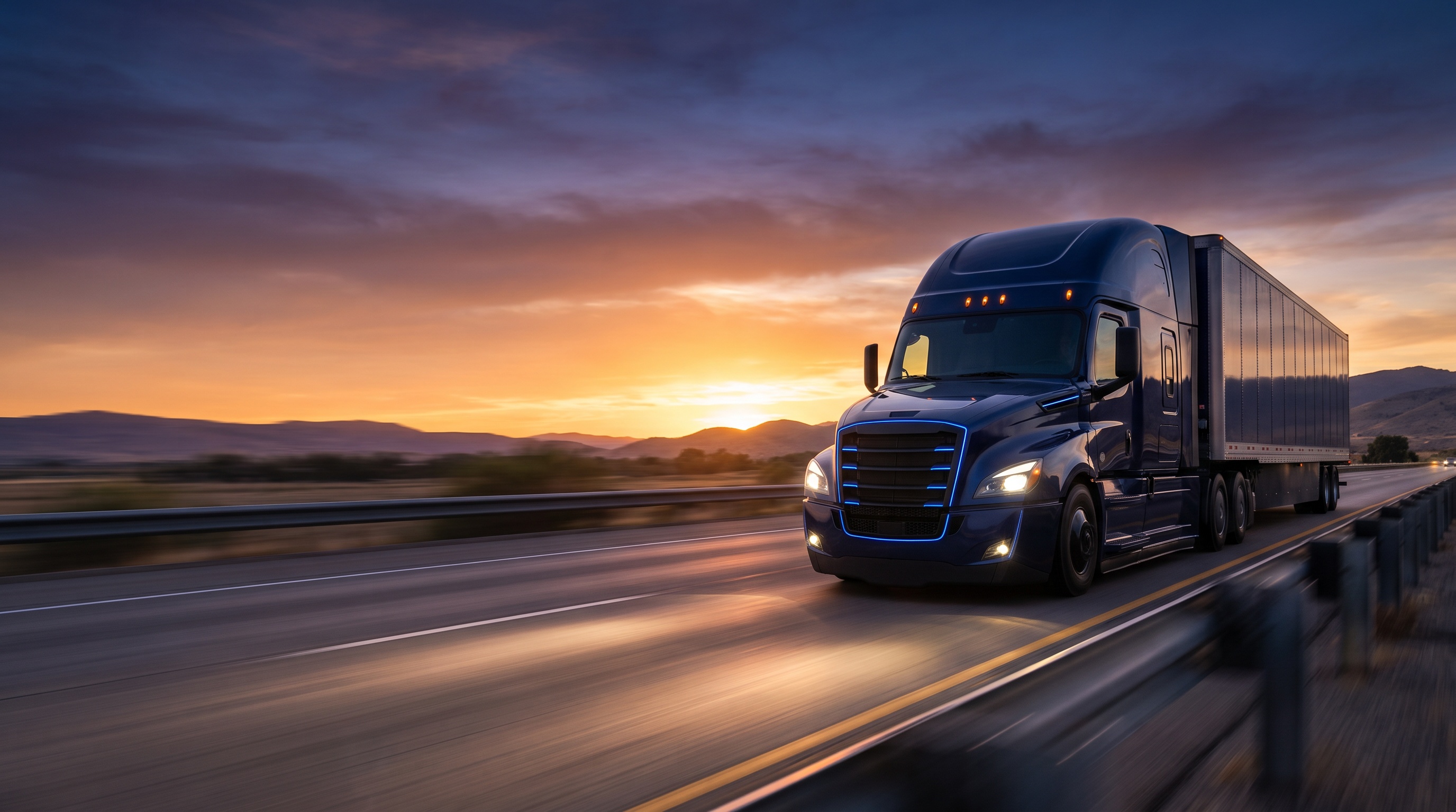 Class 8 truck on an American interstate at dusk