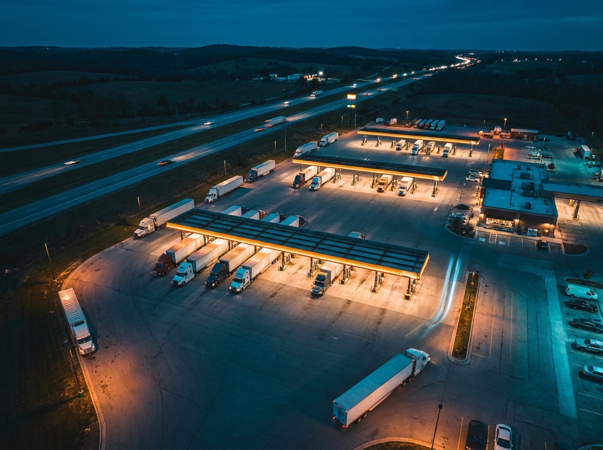 In-network truck stop at night